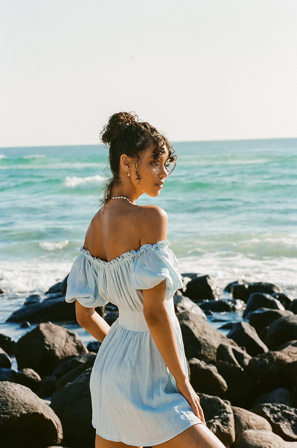 Blue Nyrobi Off - Shoulder Dress with Puff Sleeves and Corset Waist