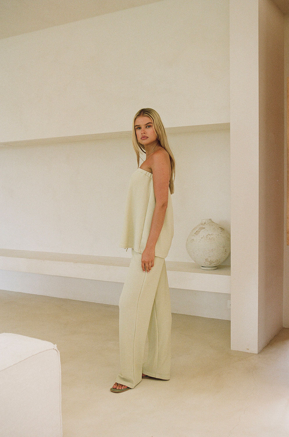 Comfortable Creamy Sage Textured High Waisted Ellira Pants with Drawstring