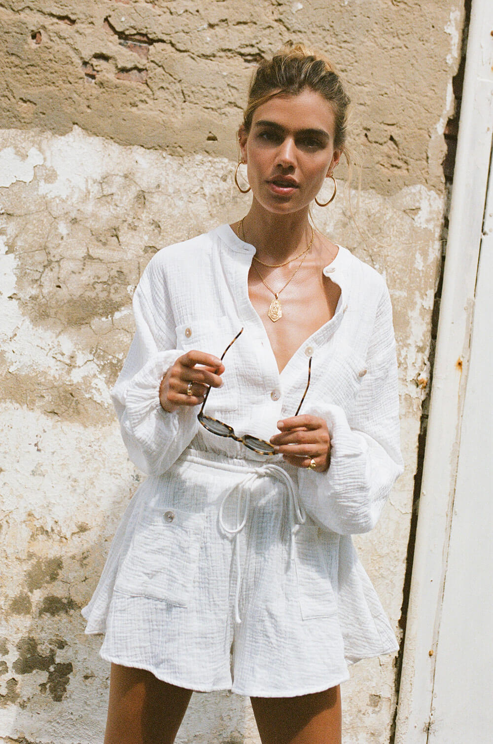 Estelle White Textured Cotton One - piece Playsuit for Easy Wear