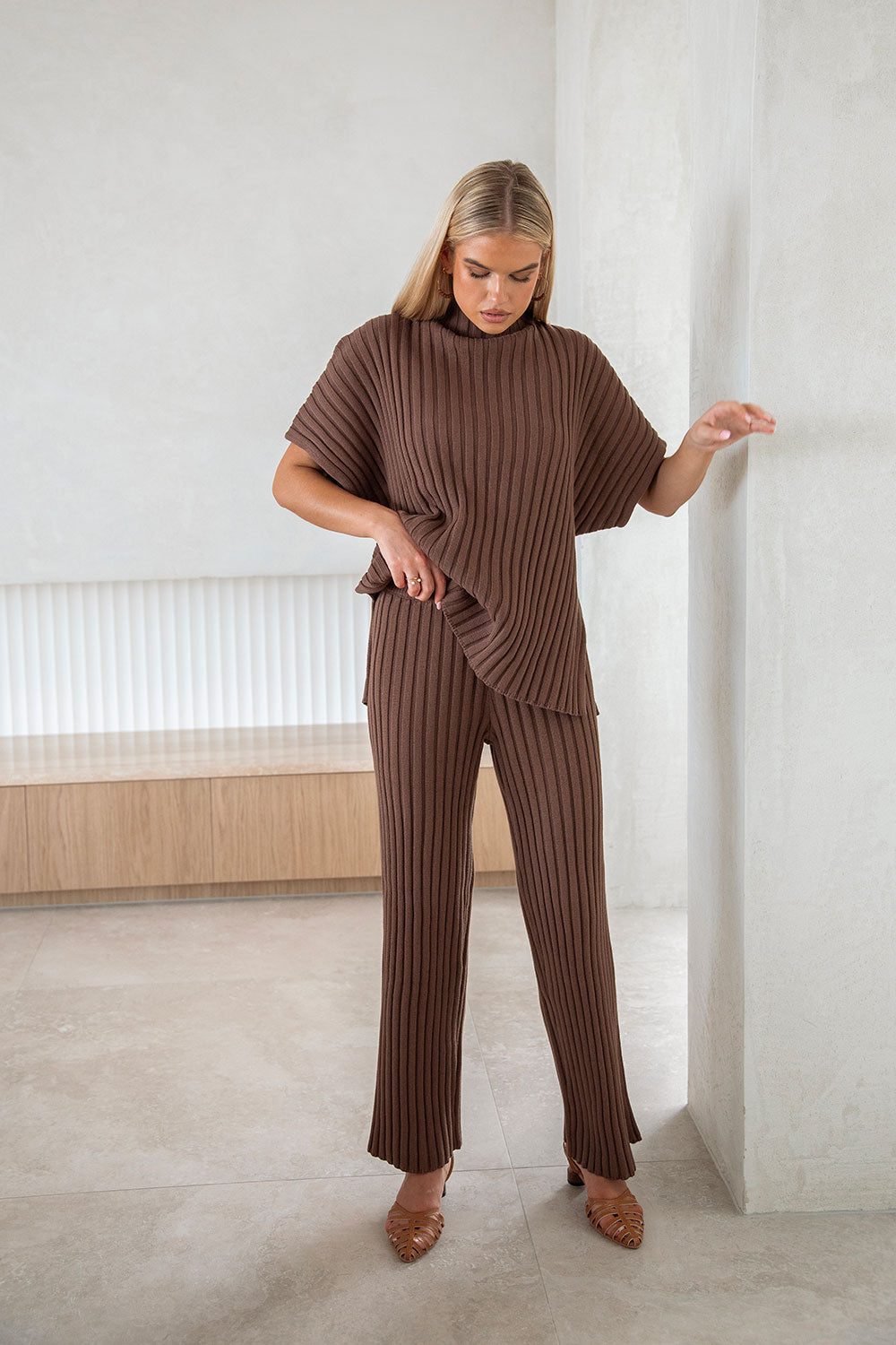 Chocolate Colored Celine Cotton Knit Ribbed Women's Pants