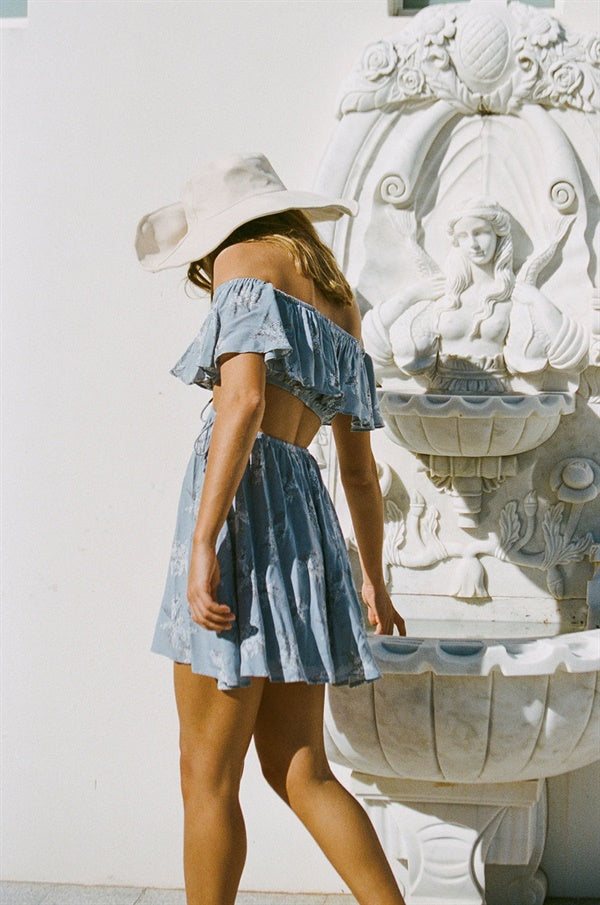 Stylish Blue Floral-Print Safiya Frill Dress with Unique Detailing