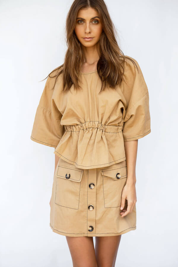 Brown Linen Blend High Waisted Bally Skirt with Black Stitching and Pockets