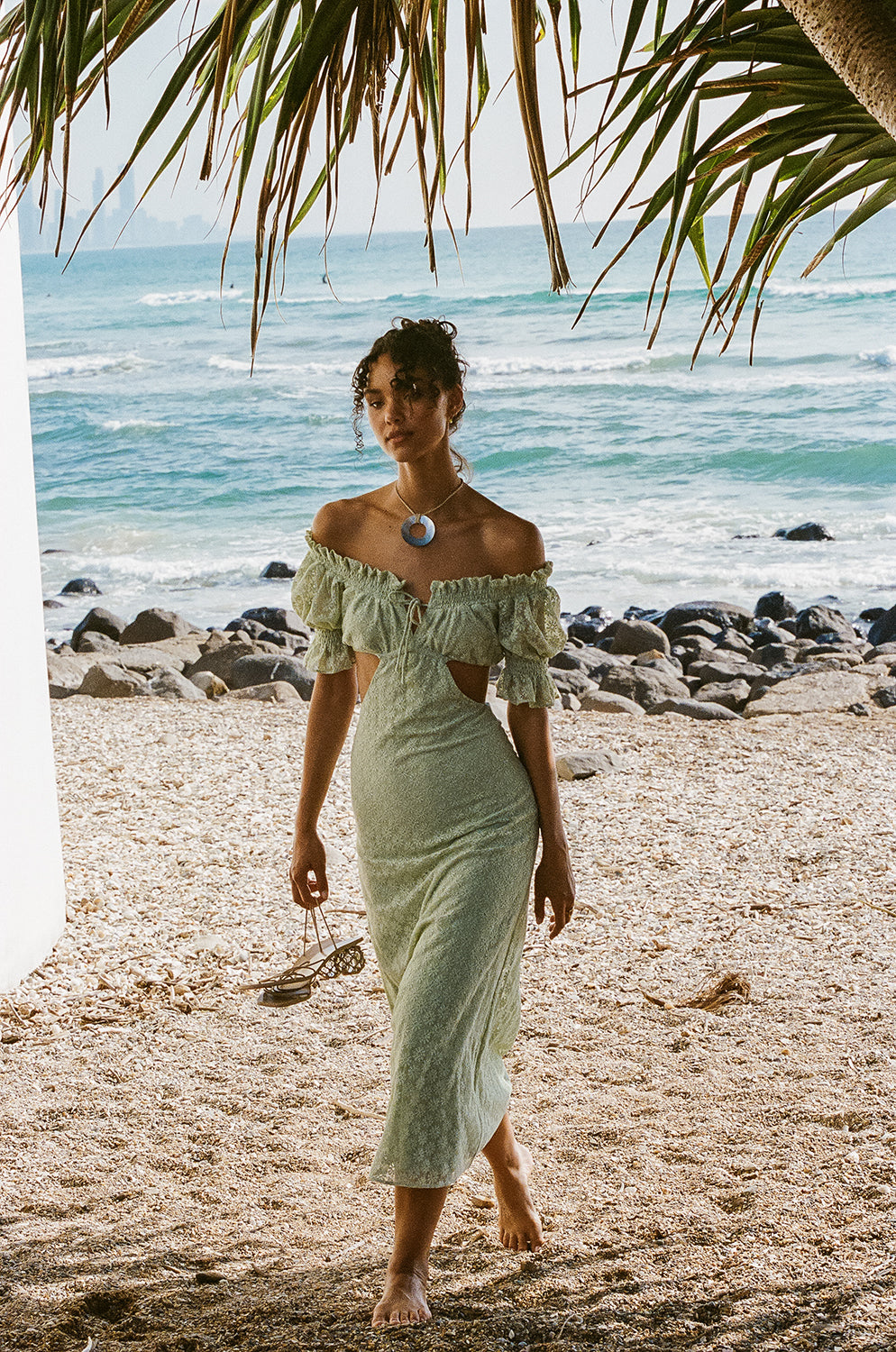Mint Hue Soft Lace Off Shoulder Frill Detailing Midi Amelda Dress