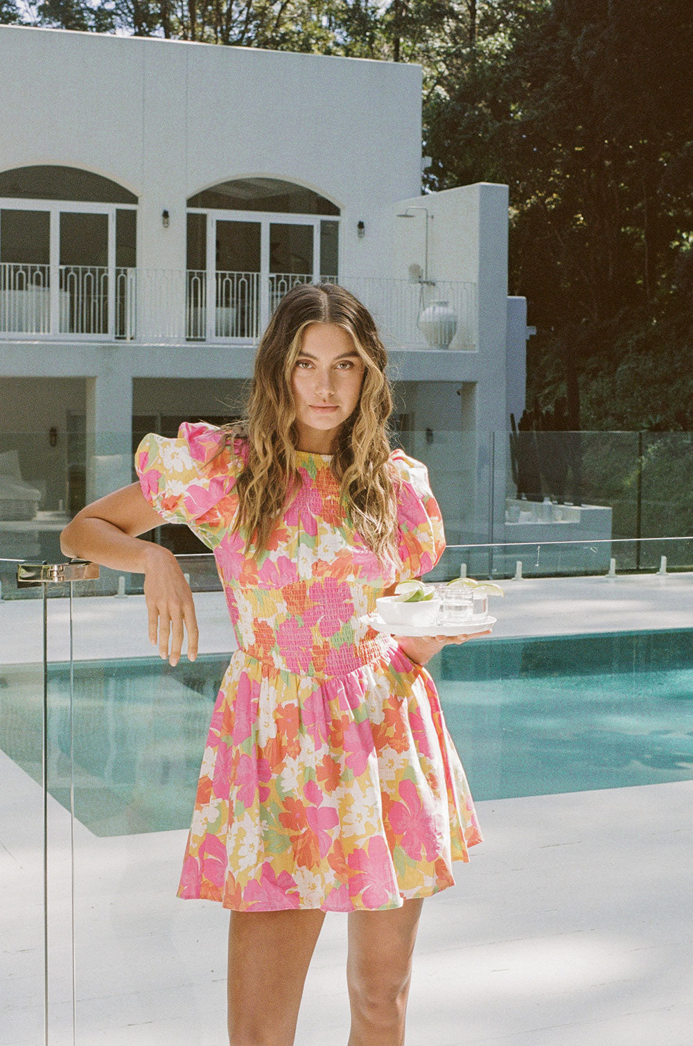 High - Quality Pink Pacific Floral Shirred Veronika Dress
