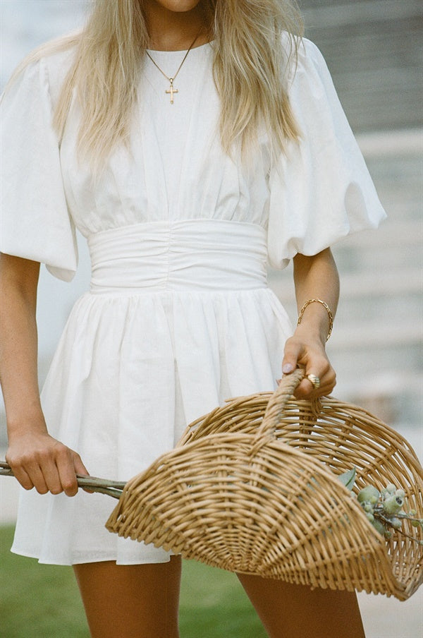 High - Quality Off - White Linen Bettina Dress with Puff Sleeves