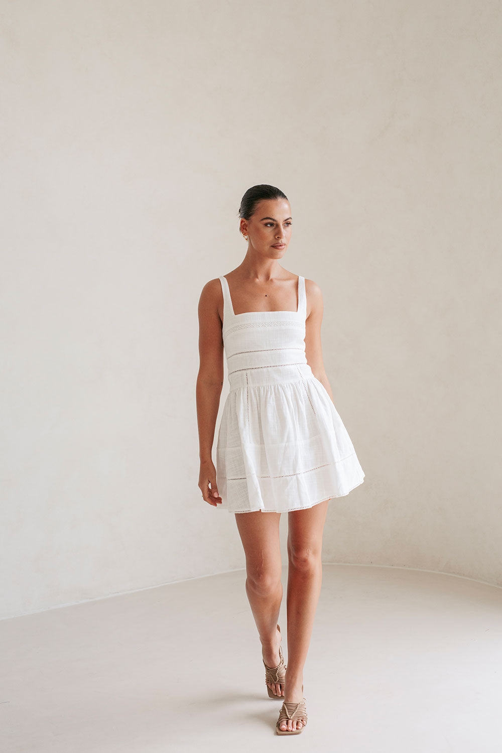 Exquisite White Cotton Leka Dress with Lace and Ladder Trims