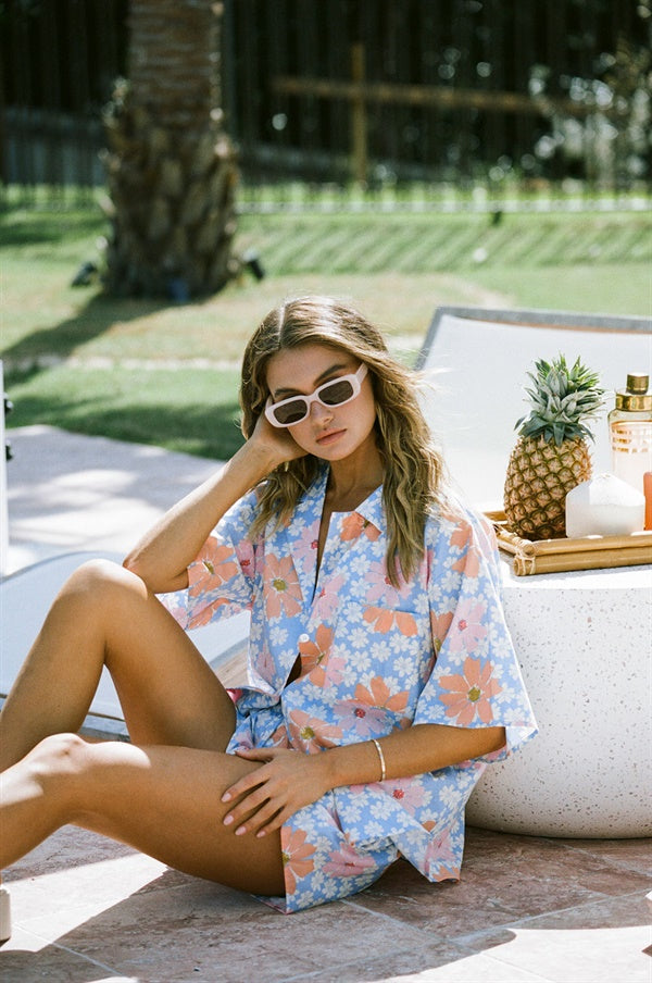Summer Vacation Sky Floral Print High - Waisted Linen Cotton Blend Oli Shorts