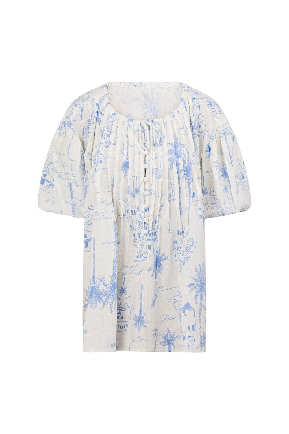 Exquisite Textured Viscose Linen Blend Leta Top - Santorini Print