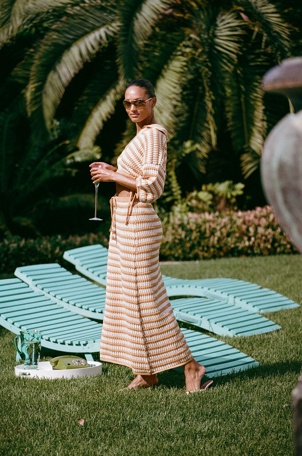 Vintage-Inspired Off-White Knit Midi Skirt with Contrast Stripes - Mati Style