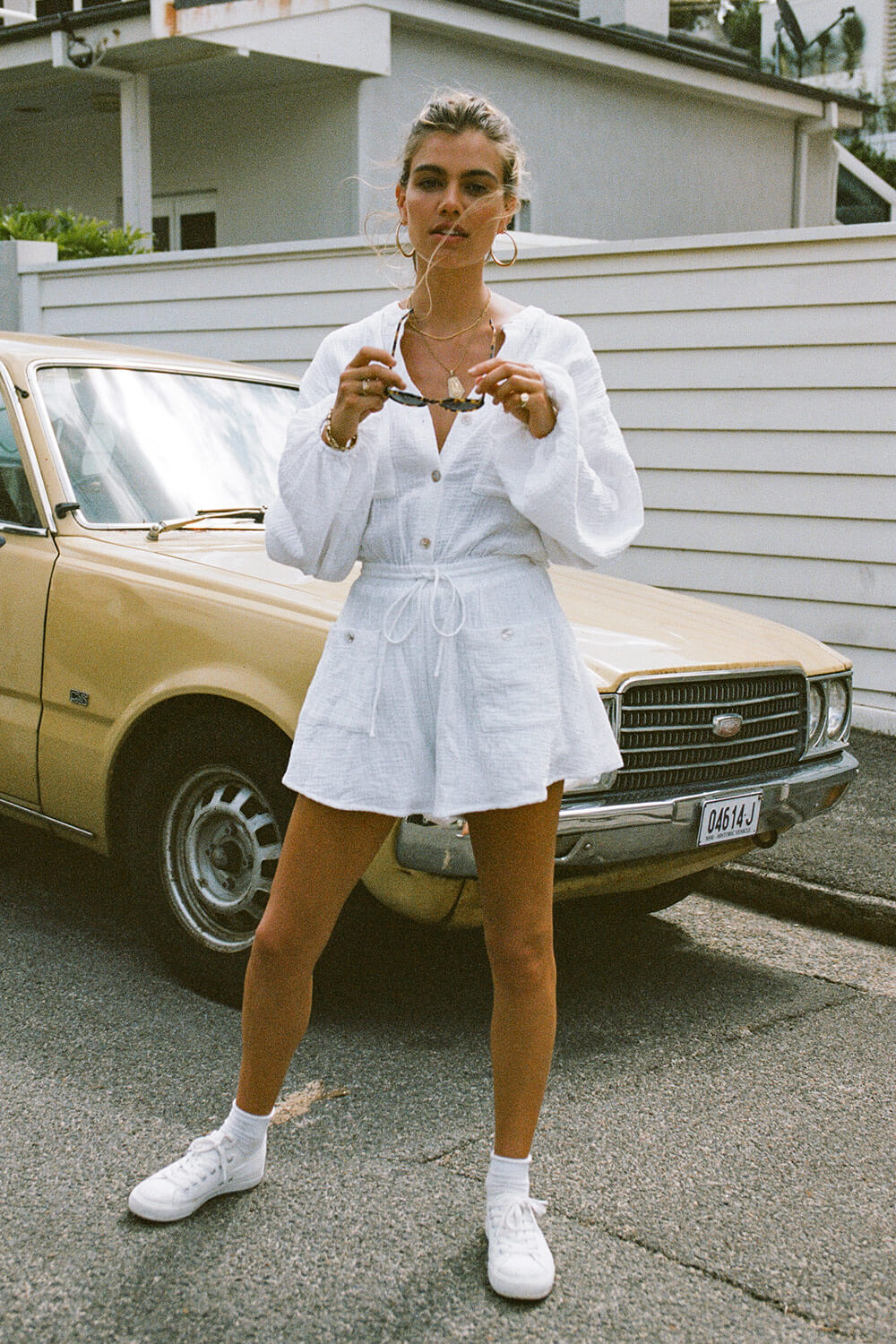Estelle White Textured Cotton One - piece Playsuit for Easy Wear
