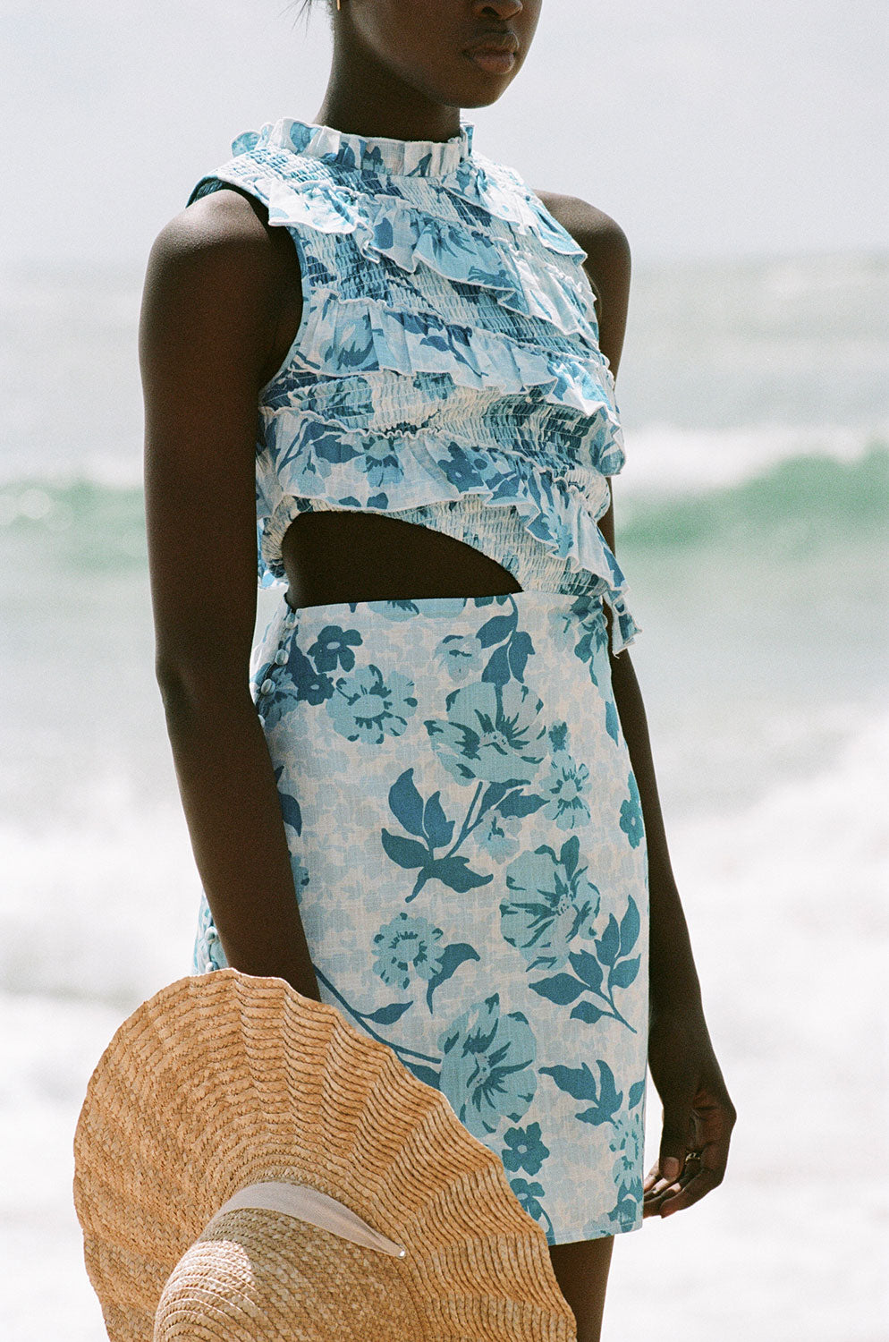 Exclusive Azure Flora Print Gisella Cutout Cotton Dress