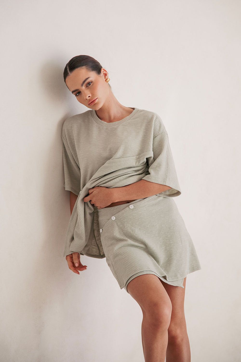 Soft Sage Ribbed High-Waisted Wrap-Front Button Mini Anya Skirt