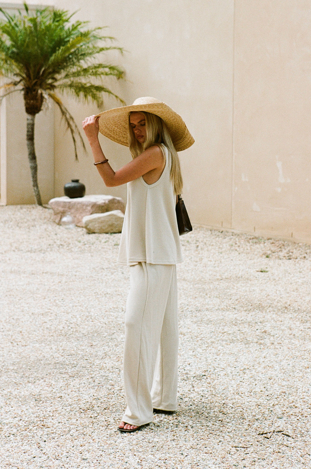 Sandy Beige Soft Ribbed Knit High Waisted Wide Leg Lana Pants - Fawn