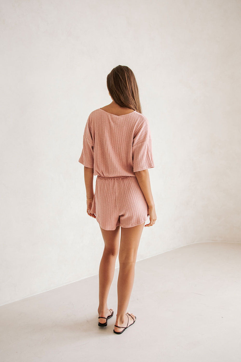 Dusty Pink Textured Ribbed Juniper Playsuit - Clay