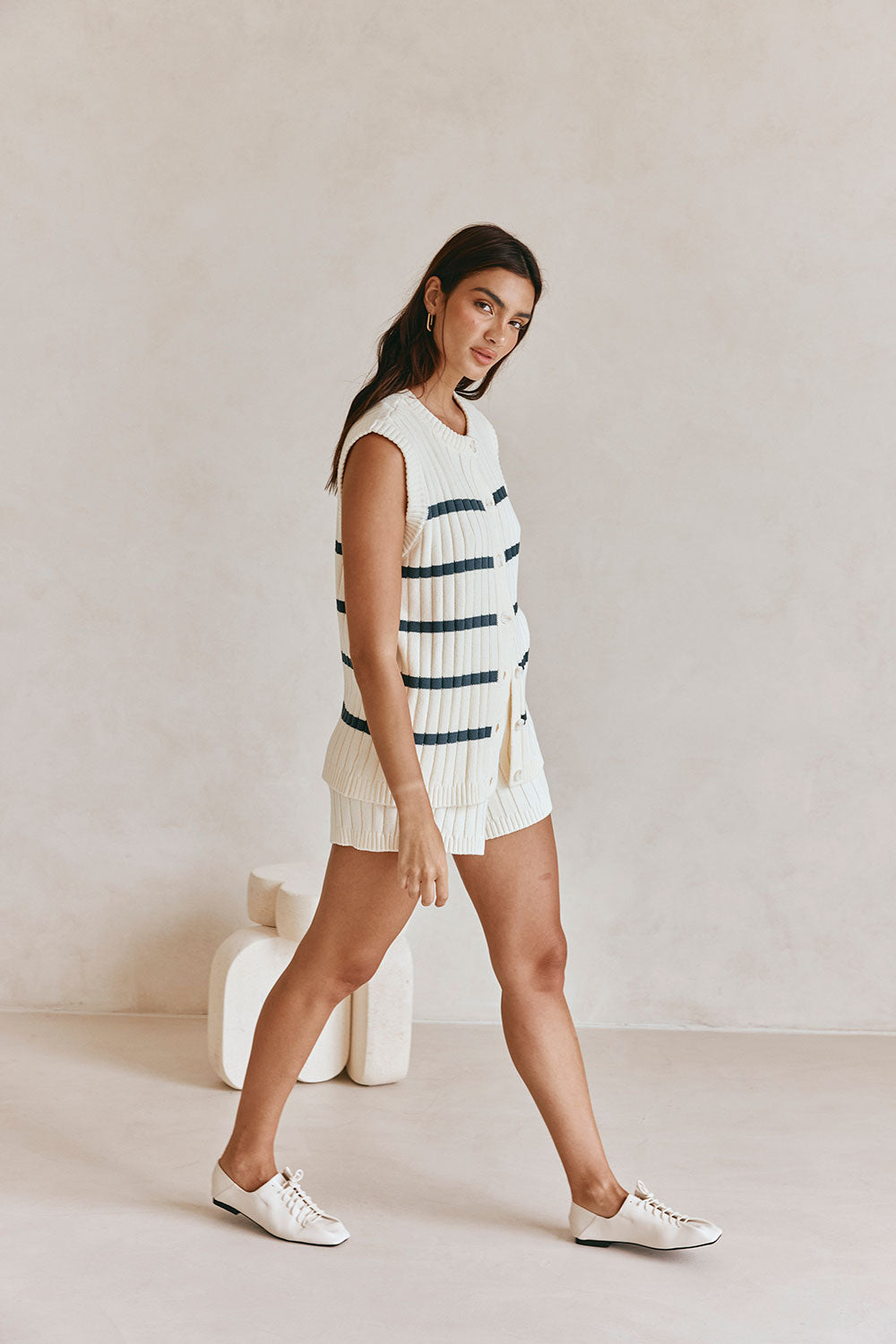 High - quality White with Navy Stripes Boxy Cotton Blend Rib Knit Depp Top