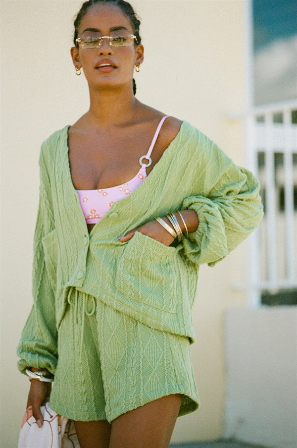 Soft Green Cable Design Ellis Shorts - High Waisted and Cosy