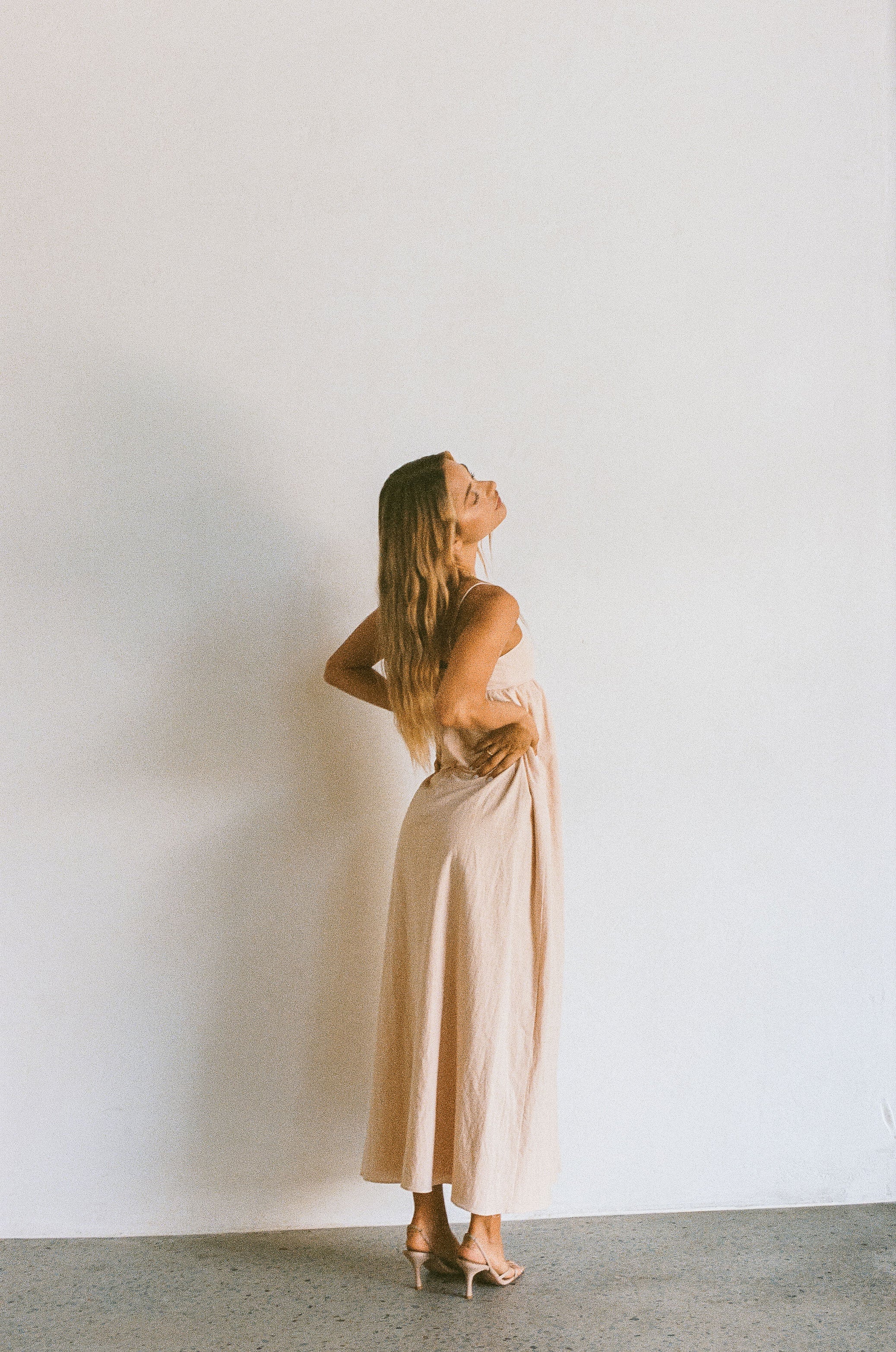 Stylish Tan Azaria Dress with Flowy Skirt and Thin Straps