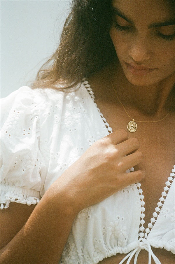 Vintage-Inspired Off-White Broderie Lynx Dress with Crochet Trim