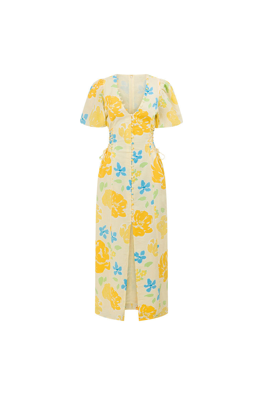 Exquisite Amorita Natural Seersucker Midi Dress with Yellow Garland Print