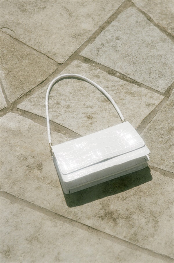 Stylish White Vegan Croc Skin Milana Handbag for Dressy Occasions