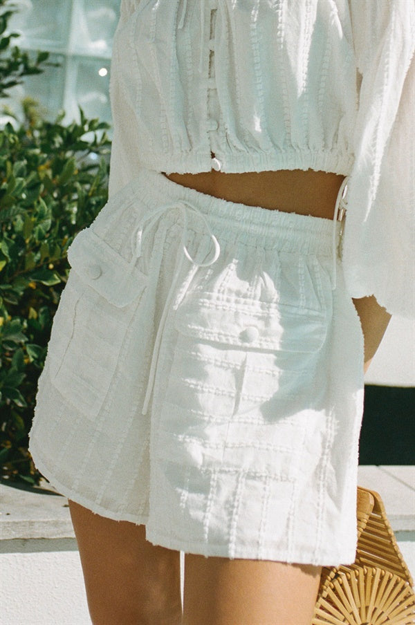 Exclusively Designed Anica High - Waisted White Cotton Shorts with Stripes