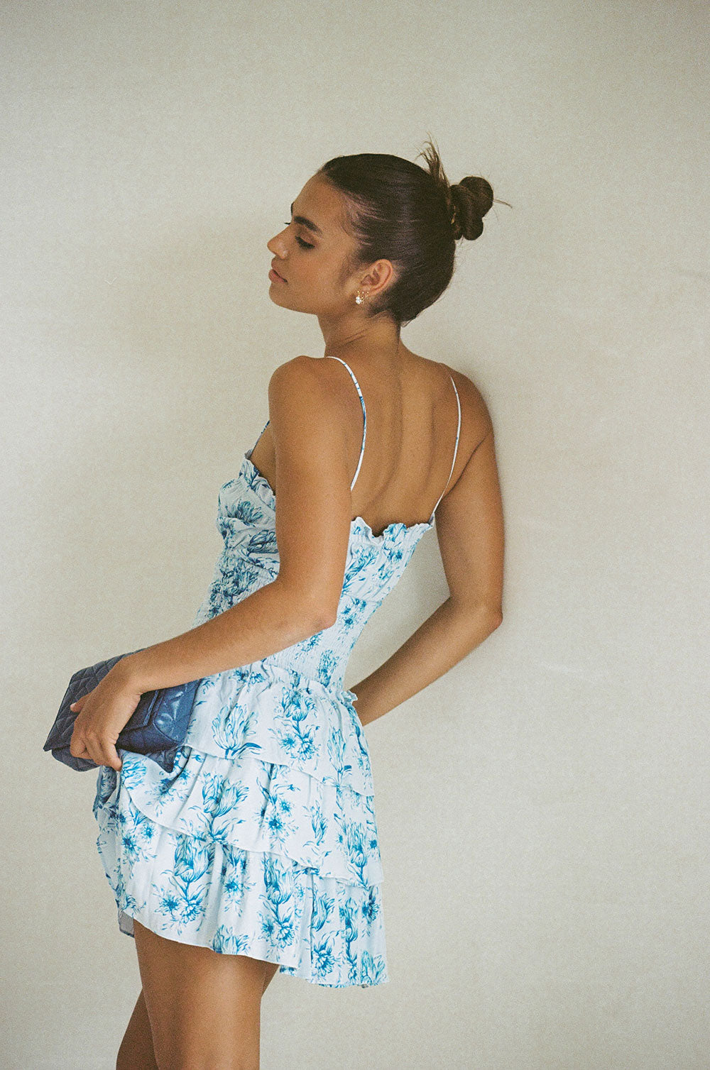 Selma Winter Tulip Print Blue Zipper Crepe Cami Dress