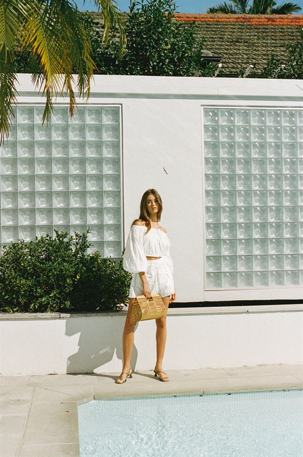 Exclusively Designed Anica High - Waisted White Cotton Shorts with Stripes