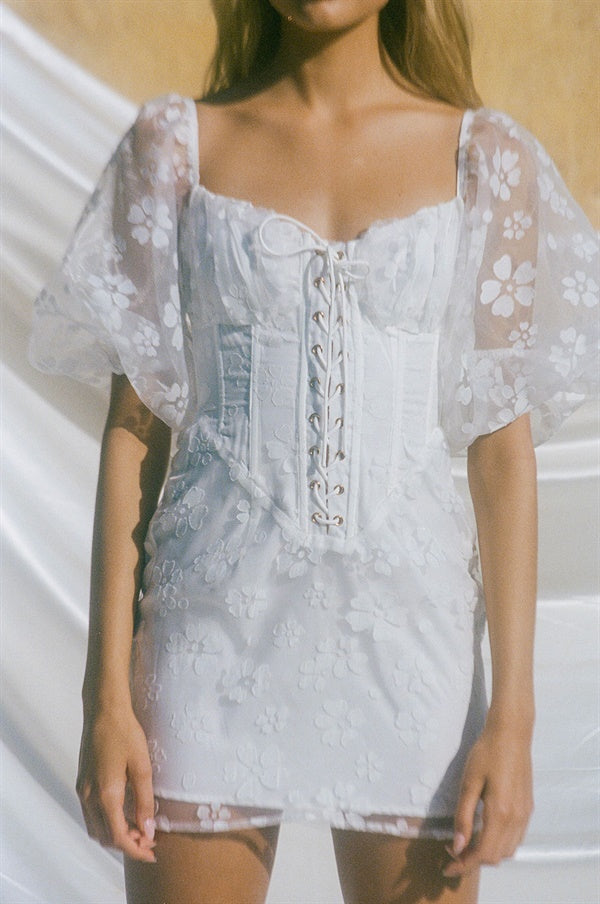 Exquisite Floral Ziara Corset Dress with Gold Eyelet Detailing