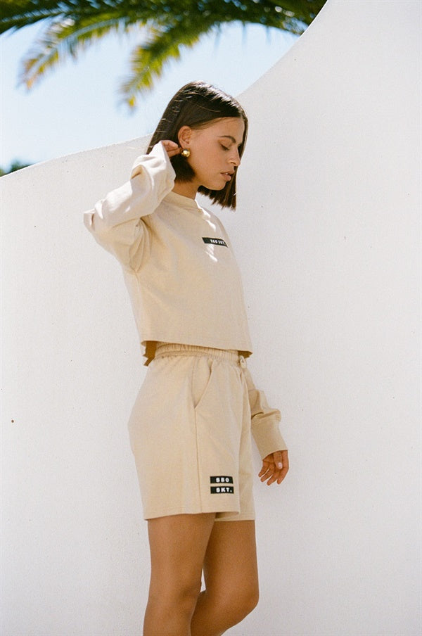 Tan Cropped Natural Cotton Terryback Barros Sweater with Black Detailing