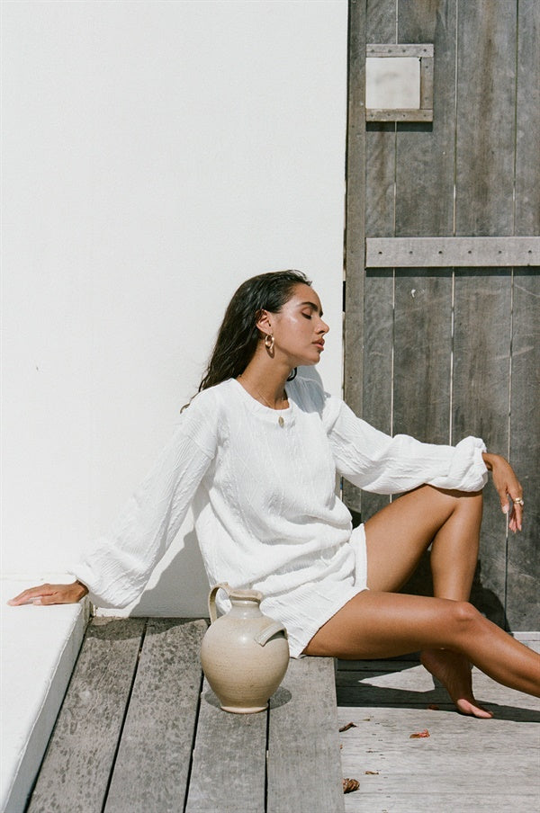 Soft Woven Off-White Quay Top with Puff Sleeves