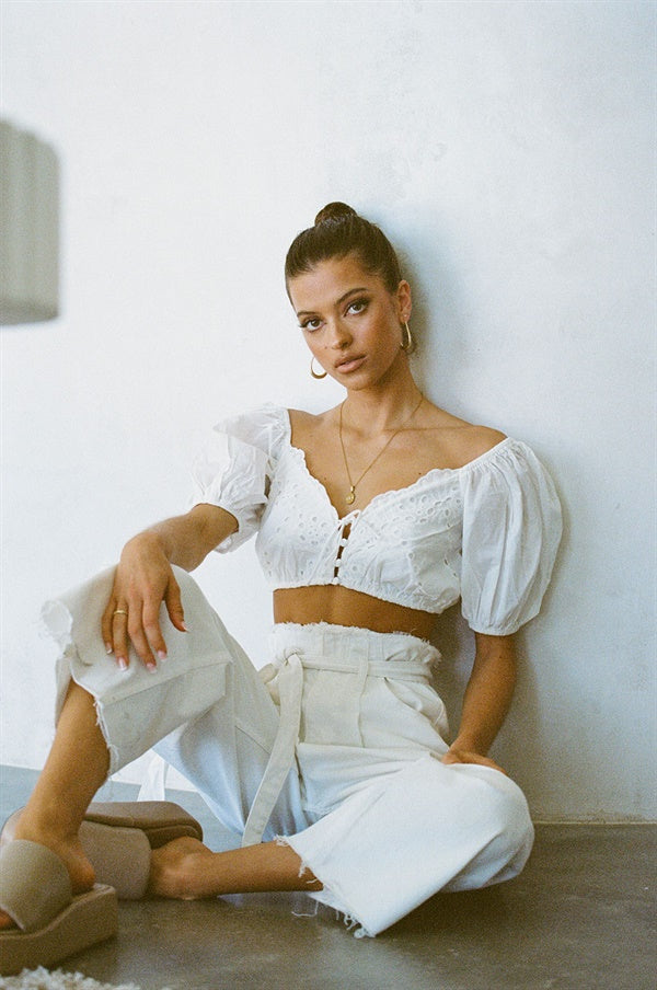 Exquisite White Natural Cotton Zelita Top with Unique Detailing