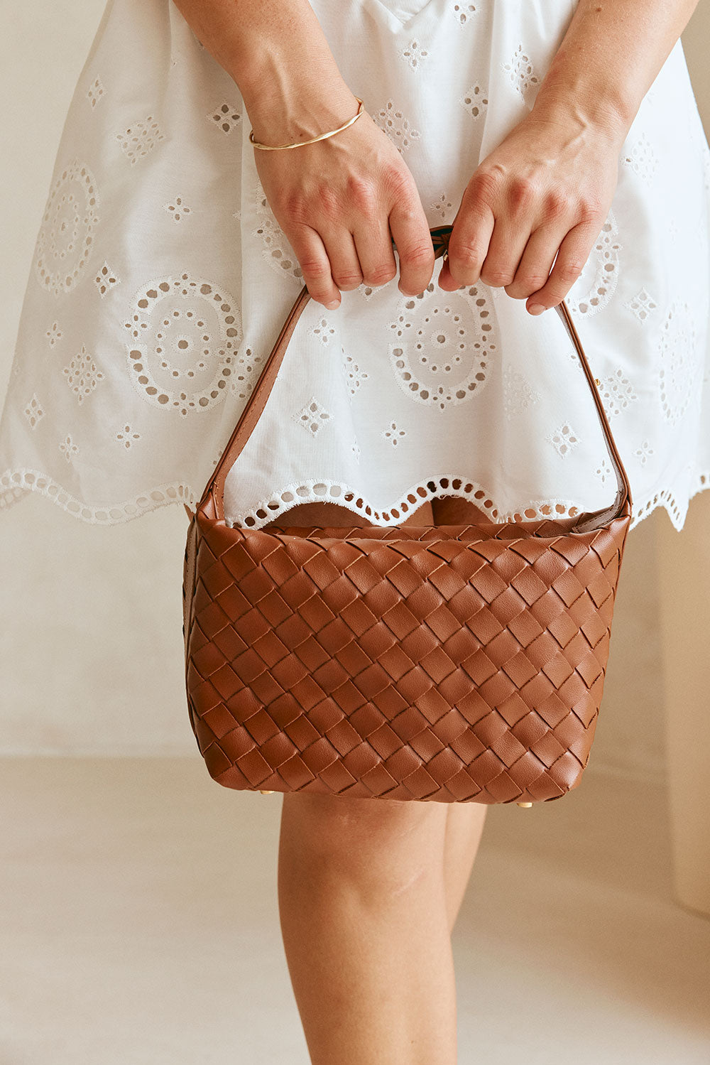 Stylish Tan Vegan Leather Milana Woven Shoulder Bag