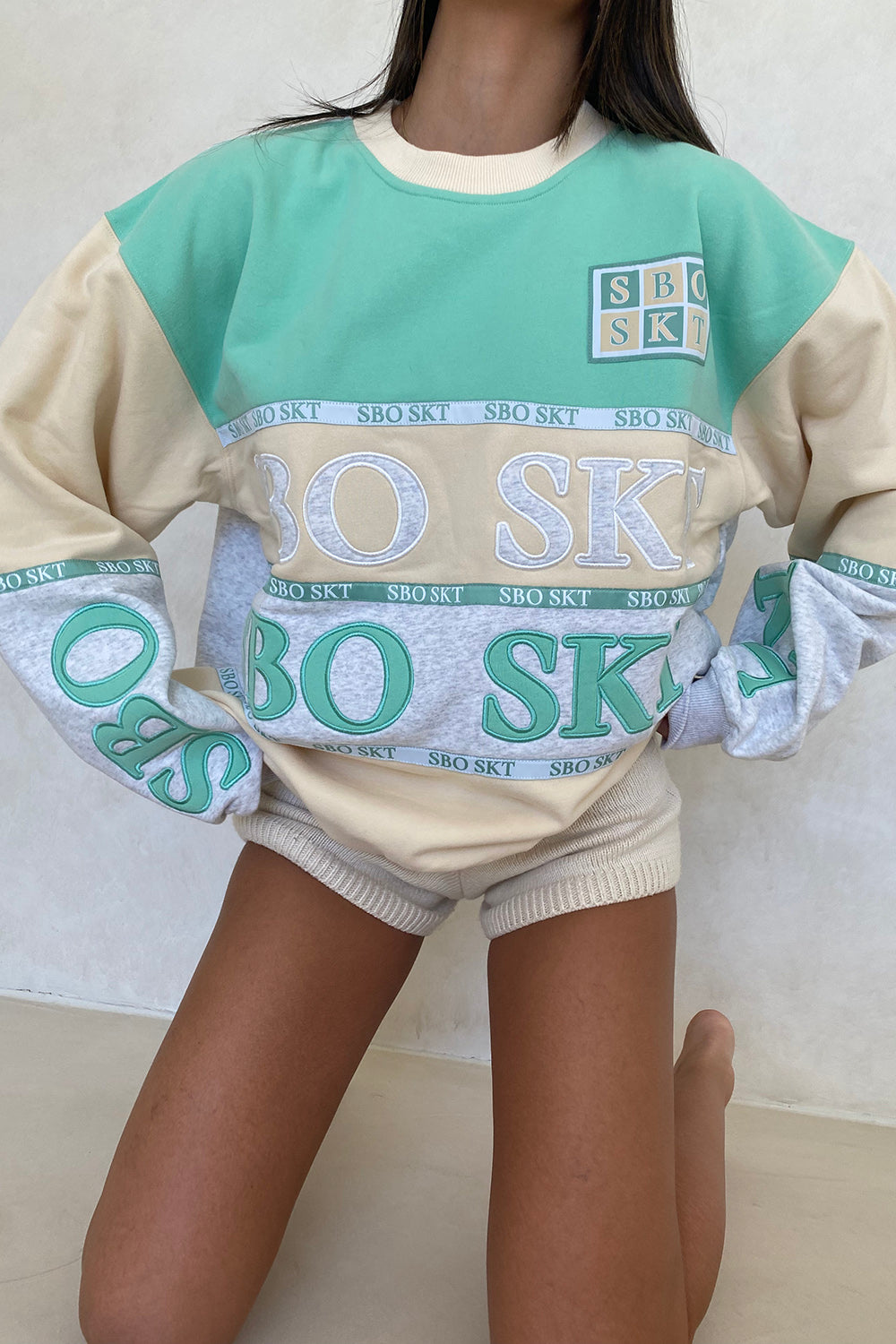 Soft Fleece Blend Janiero Oversized Sweater in Mint, Cream & Marl Grey