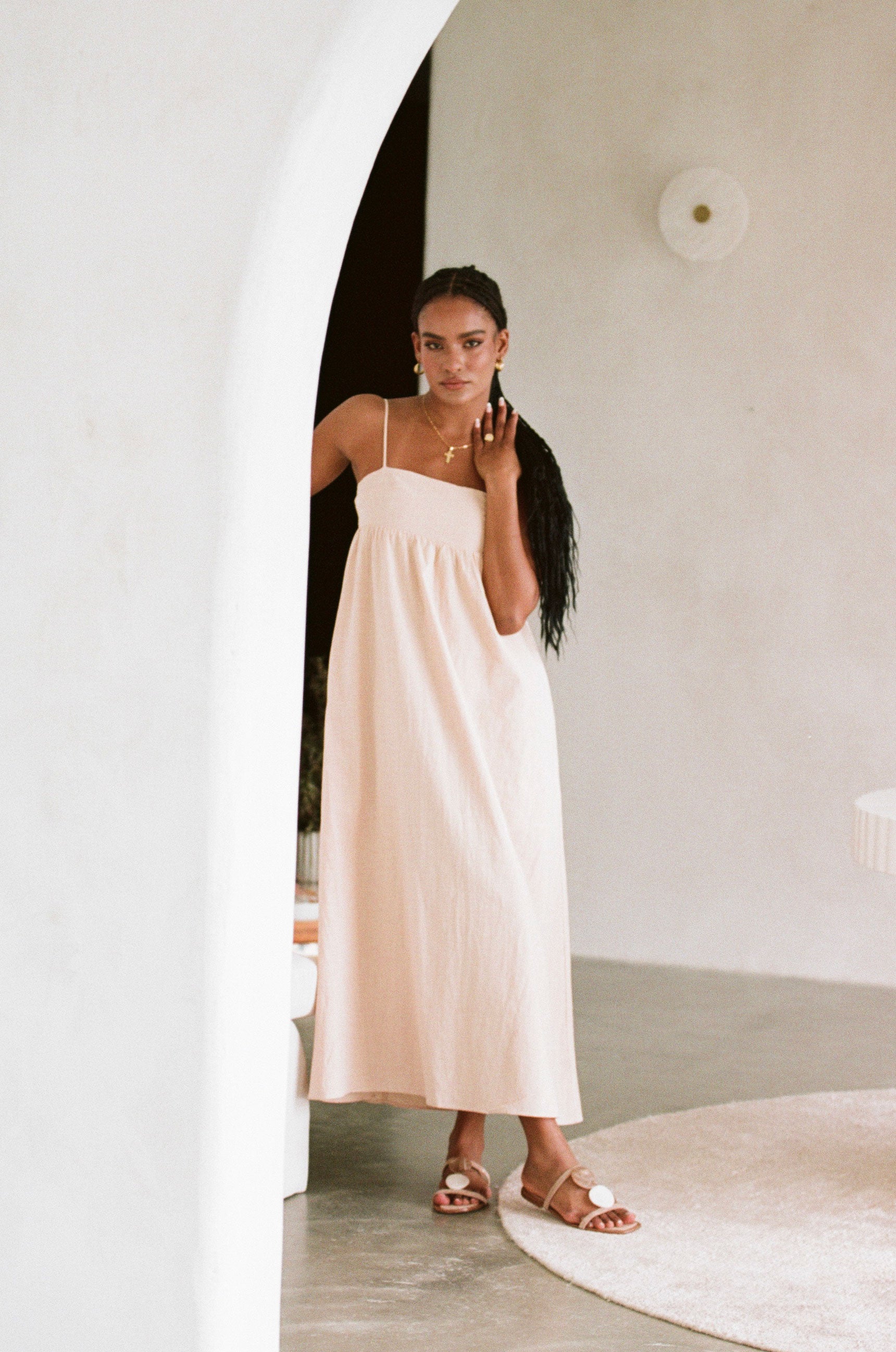 Stylish Tan Azaria Dress with Flowy Skirt and Thin Straps