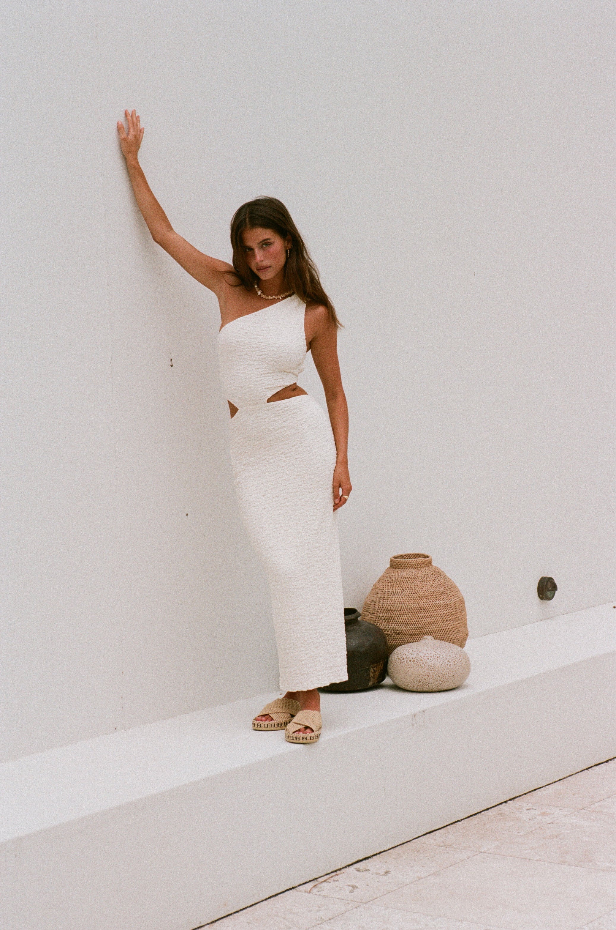 Exclusively Designed Felix Off - white Textured Bubble Fabric Midi Dress