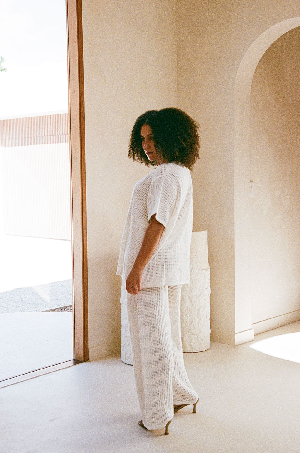 Elegant Cream-Colored Zayna Crochet Knit High-Waisted Wide-Leg Pants