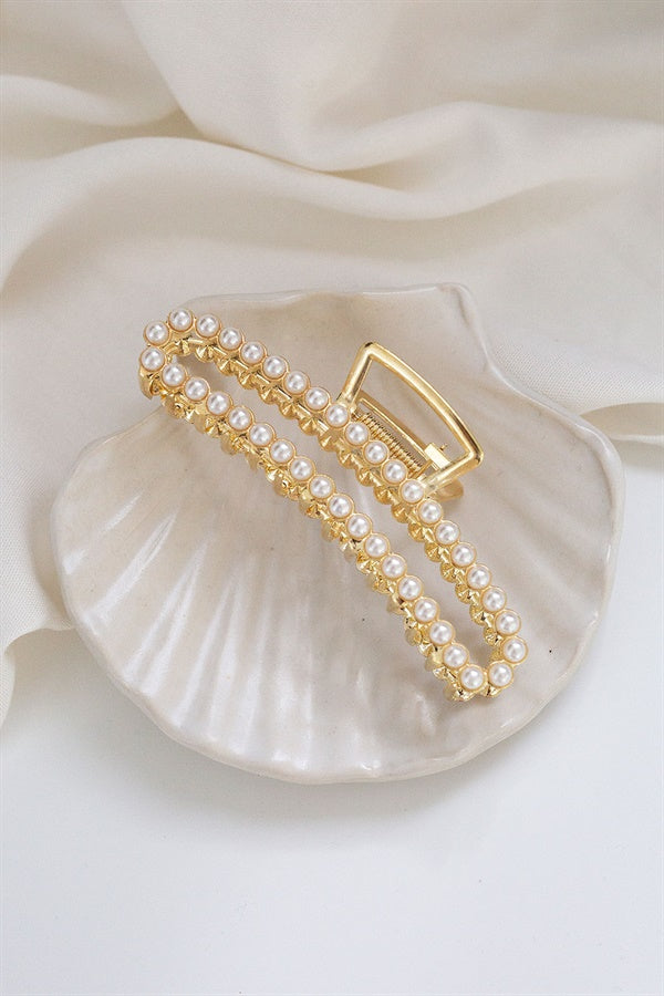 Gold-Toned Large Clam Style Pearl Detailing Claw Clip for Effortless Upstyles