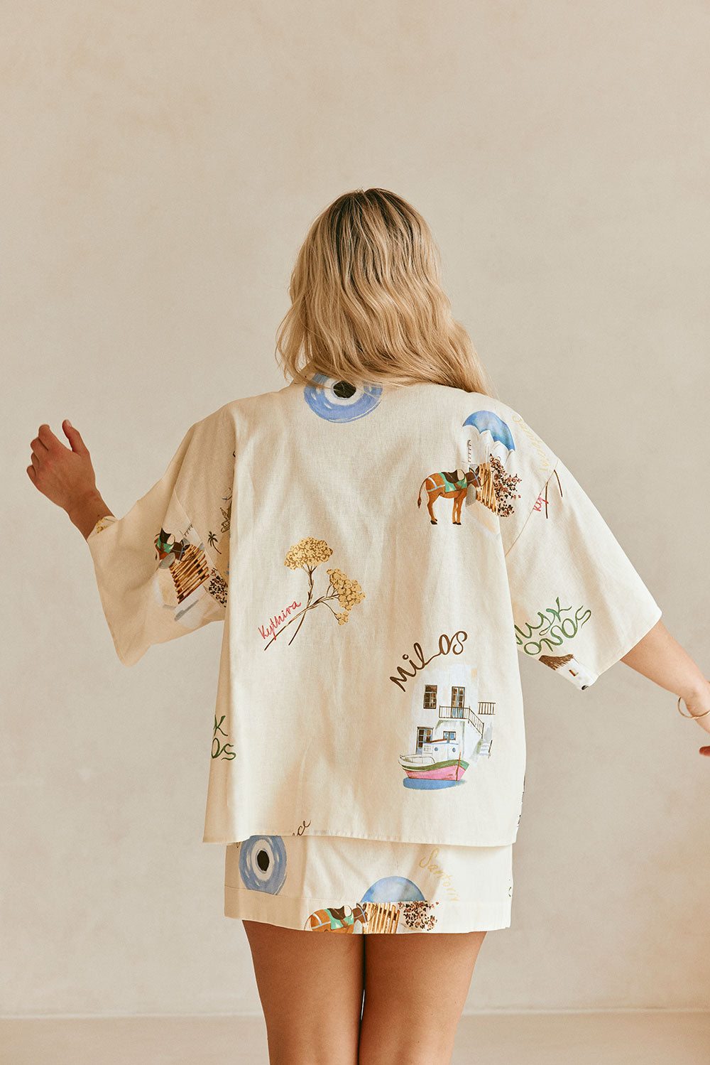 Sabo's Exclusively Designed Kea Linen-Cotton Blend Top with Isles Of Greece Print