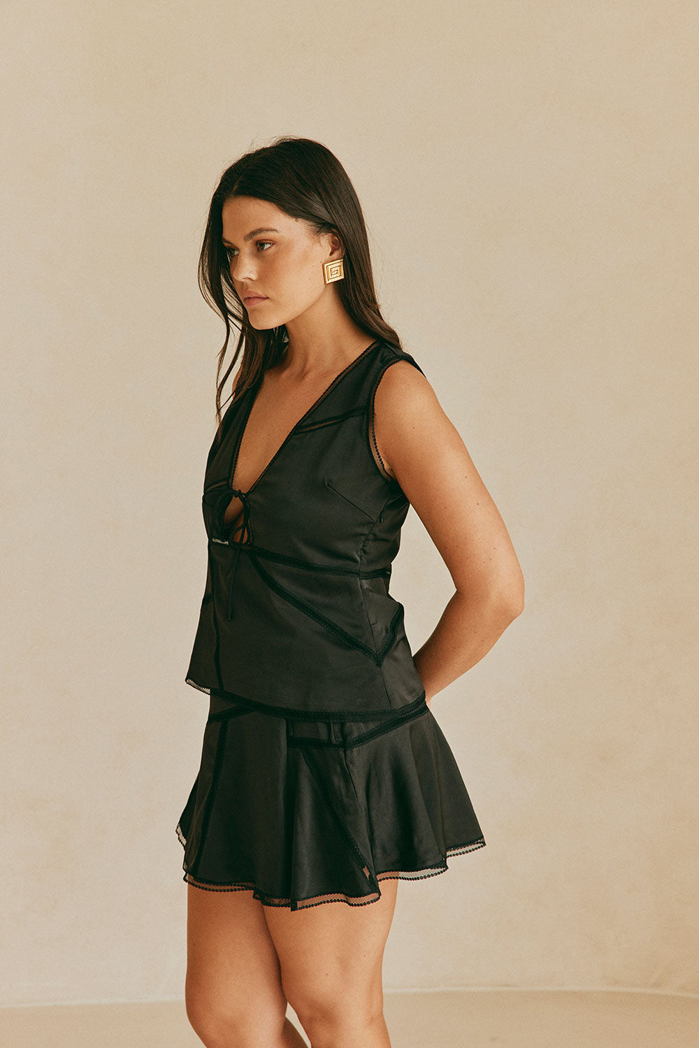 Stylish 90's Inspired Black Sable Silk Top with Tie Closure