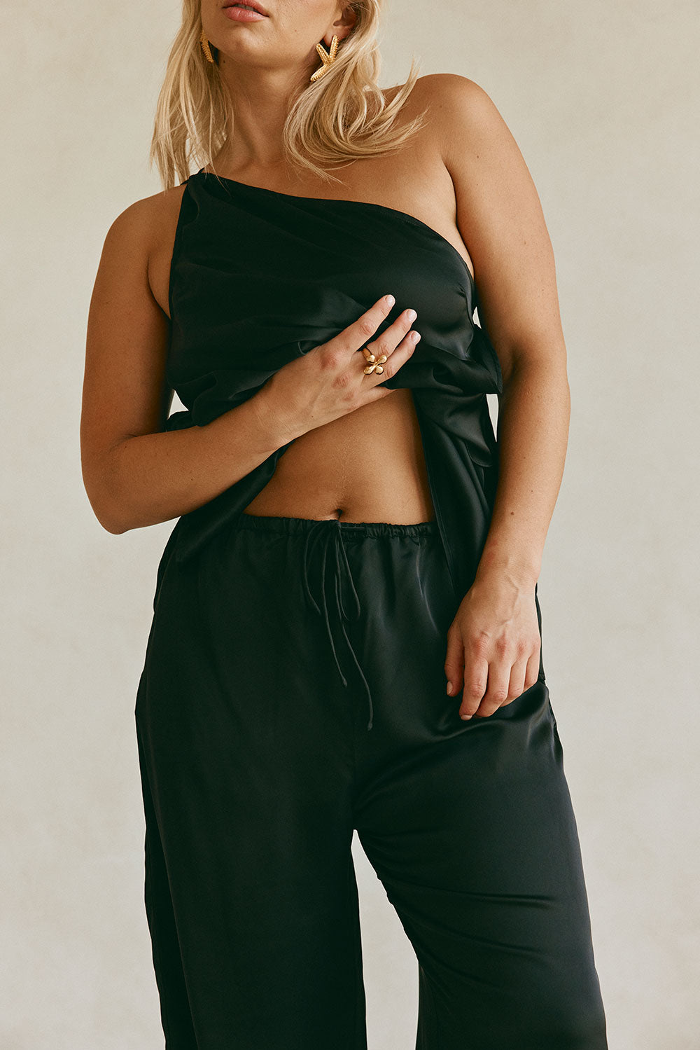 Elegant Adeline Women's Black Matte Silk Pants with Drawstring Waist