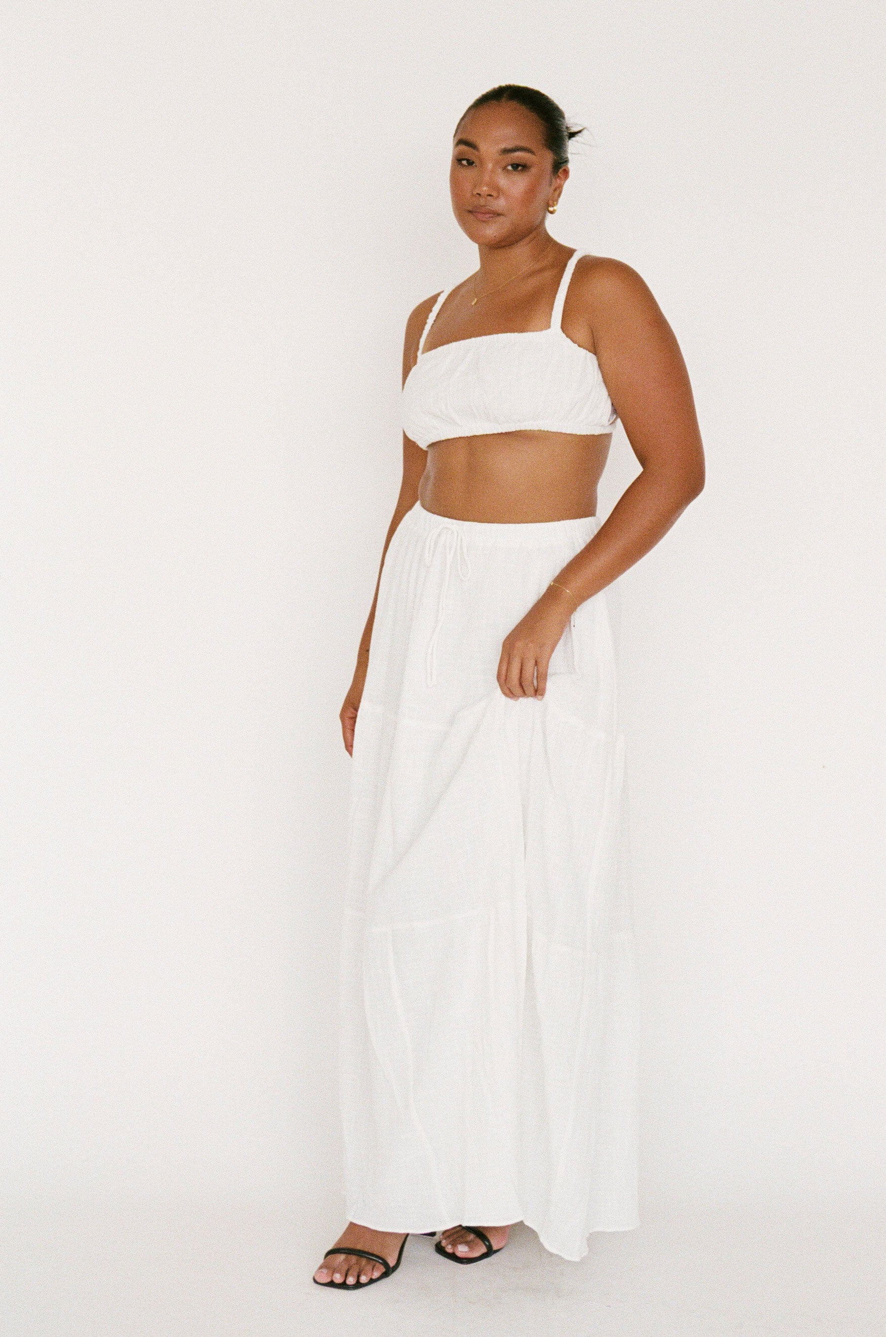 Exclusive Sabo-Designed Off-White Raw Cotton High-Waisted Elasticated Drawstring Nixie Midi Skirt