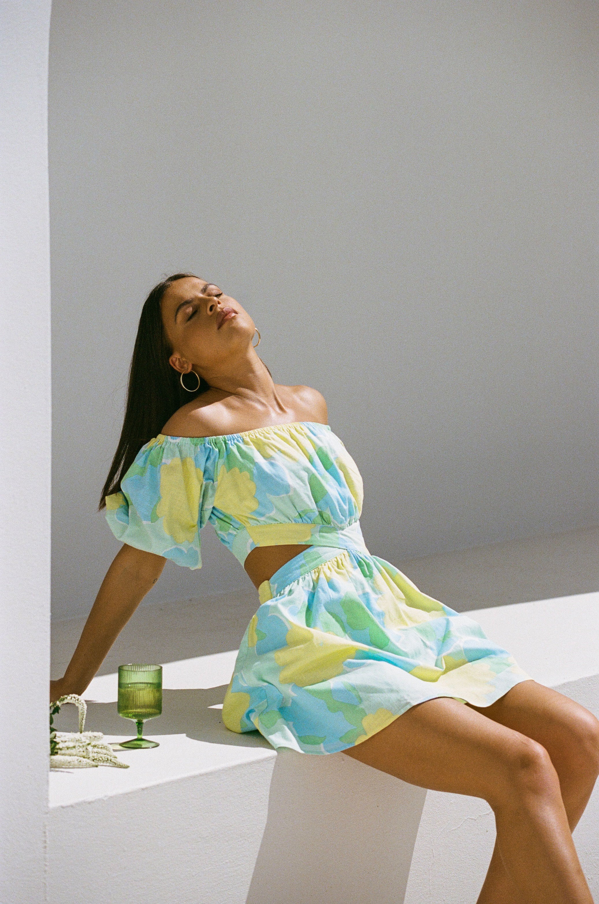 Stylish Blake Off - the - Shoulder Women's Dress with Flutter Green Print