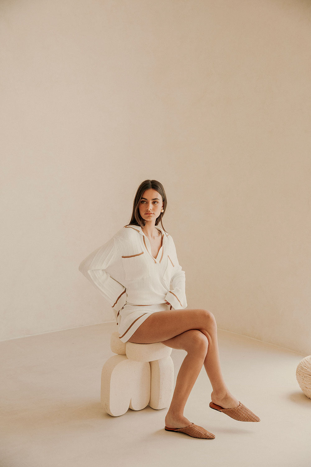 Sabo's Exclusive White Luxurious Drop Needle Rib High Waisted Adair Shorts