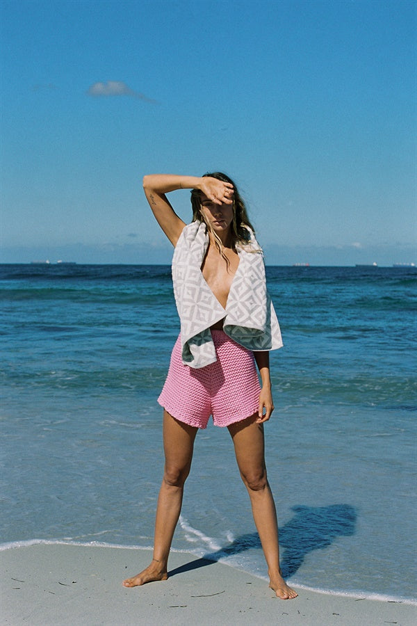 Pink Chunky Knit High - Waisted Panama Shorts for All Seasons