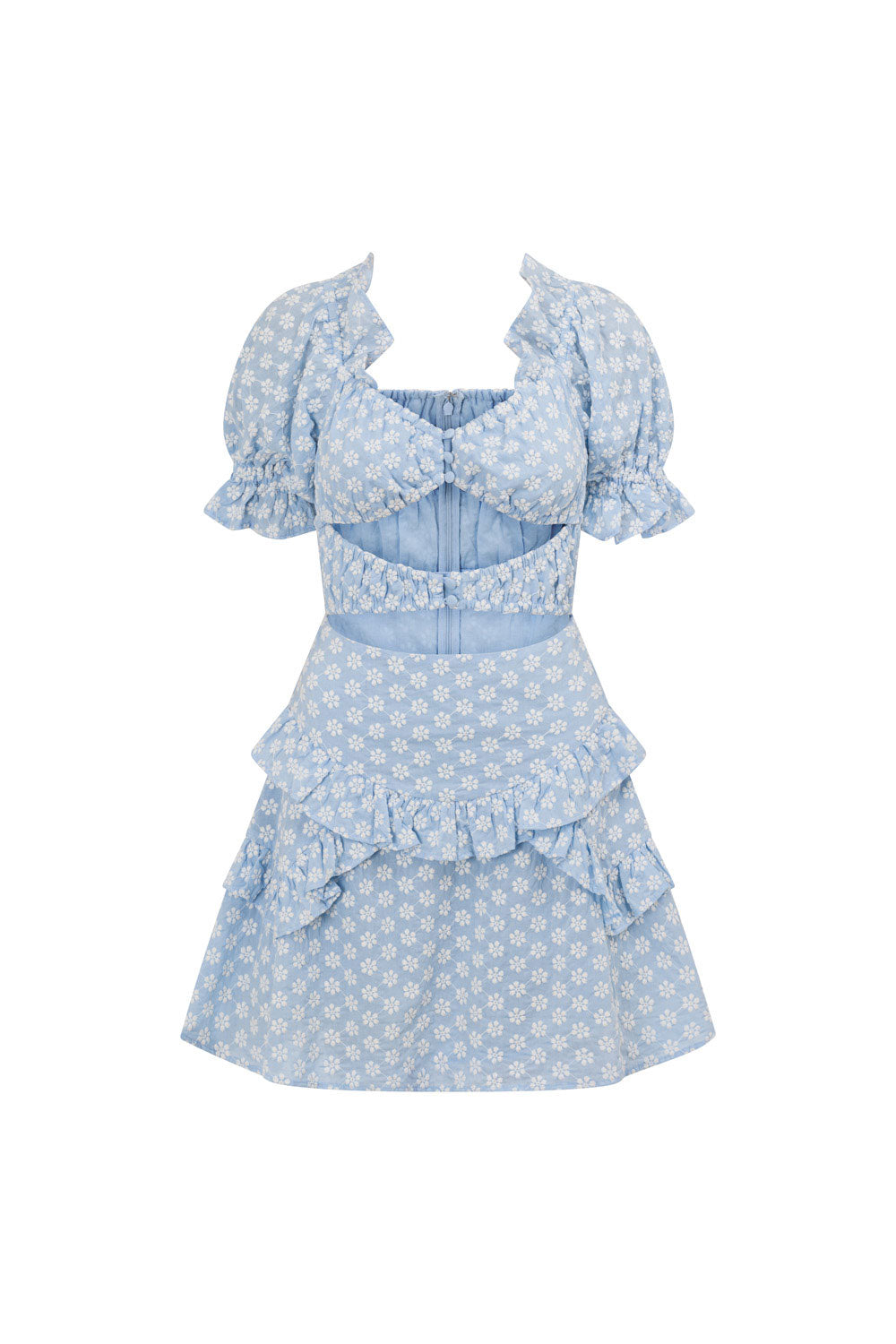 Stylish Blue Jaycee Mini Dress with White Embroidered Flowers