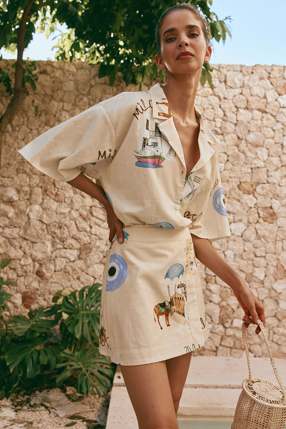 Sabo's Exclusively Designed Kea Linen-Cotton Blend Top with Isles Of Greece Print