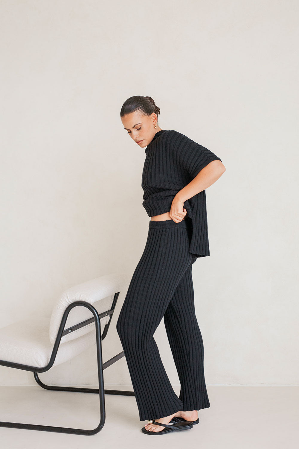 Stylish Black Ribbed Cotton Celine Pants with High Elastic Waist