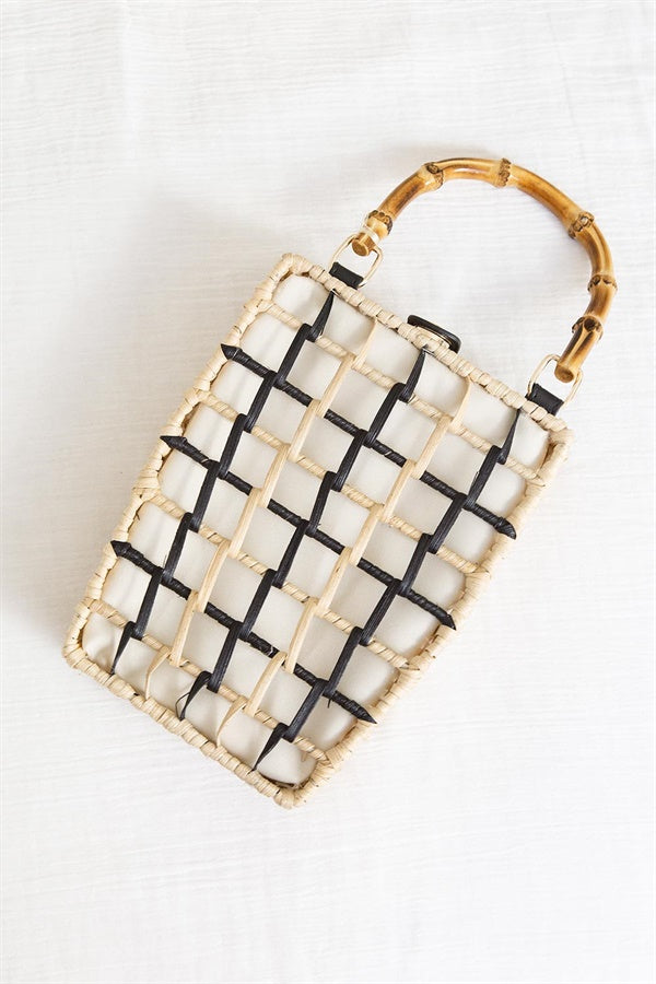 On - trend Tahiti Style Natural and Black Woven Wicker Handbag