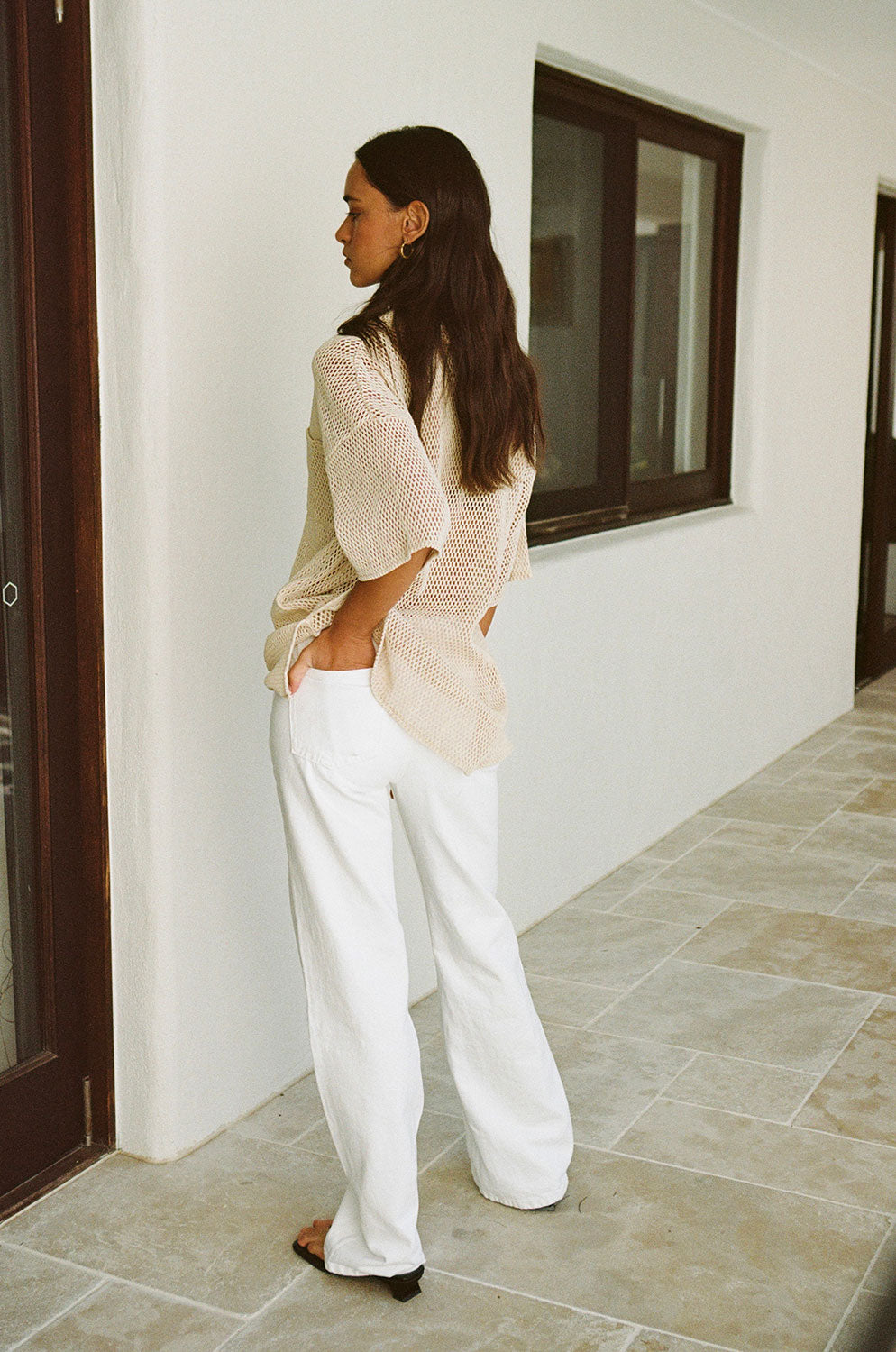 Beige Sheer Cotton Mesh Relaxed Bane Top with Collar and Pockets