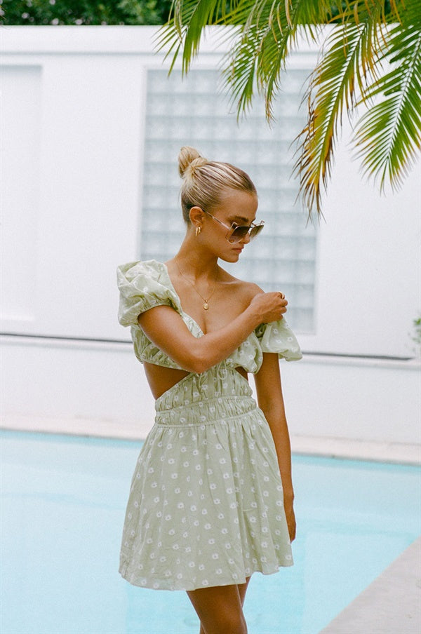 Exquisite Zara Moss Green Floral Cotton Blend Feminine Dress